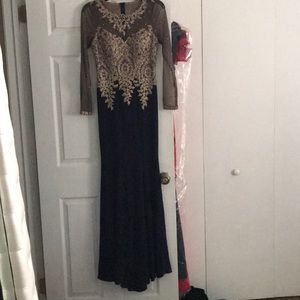 Dark Blue Formal Long Dress With Gold Design